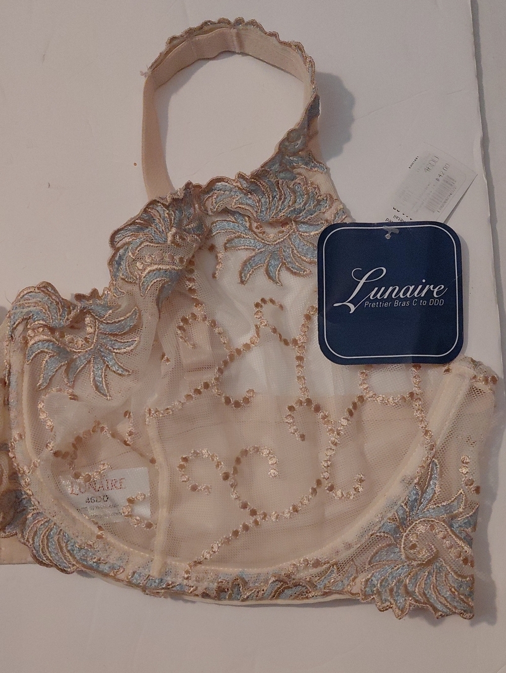 Lunaire S 46 DD Sheer Embroidered Bralette in Beige Light Blue Underwire Support